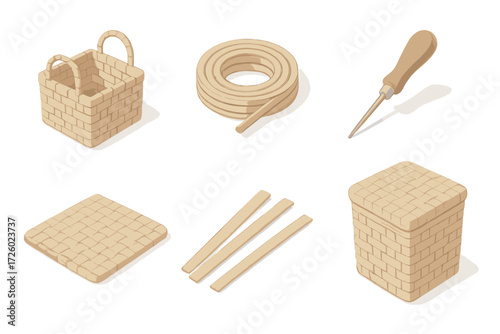 Handcrafted Wickerwork Icons. Isometric vector illustration set Handcrafted wickerwork: basket weave reed handmade, coil of cane,