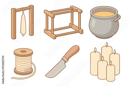 Rustic Candle Making. Isometric vector illustration set Rustic candle making: candle dip wick tallow, wooden rod frame, pot with