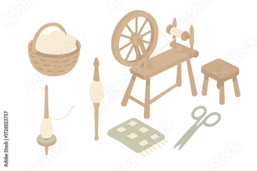 Traditional Textile Tools. Isometric vector illustration set Traditional textile spinning: spinning wheel yarn thread, basket of