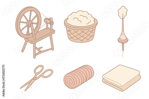Yarn Crafting Essentials. Isometric vector illustration set Yarn making essentials: spinning wheel yarn thread, basket of fleece,