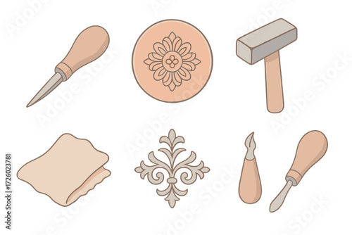 Artisan Engraving Tools. Isometric vector illustration set Artisan engraving kit: coppersmith metal tool etch, burin knife, copper
