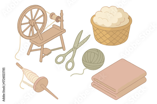 Yarn Crafting Essentials. Isometric vector illustration set Yarn making essentials: spinning wheel yarn thread, basket of fleece,