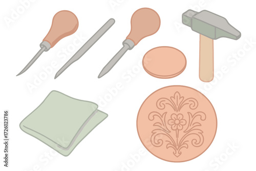 Artisan Engraving Tools. Isometric vector illustration set Artisan engraving kit: coppersmith metal tool etch, burin knife, copper