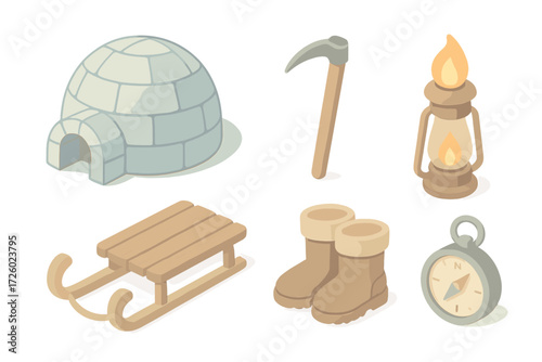 Winter Survival Gear Icons. Isometric vector illustration set Winter survival gear: igloo ice block shelter, snow axe, sled, torch