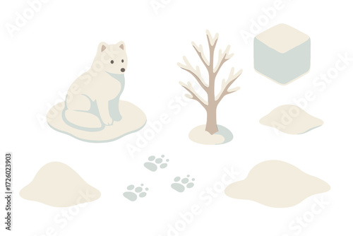 Nordic Wildlife Icons. Isometric vector illustration set Northern fauna scenery: arctic fox camouflage white, snowy ground, frozen
