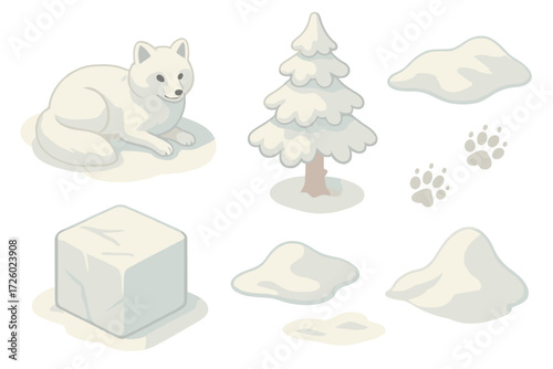 Nordic Wildlife Icons. Isometric vector illustration set Northern fauna scenery: arctic fox camouflage white, snowy ground, frozen
