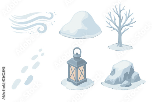 Arctic Storm Elements. Isometric vector illustration set Arctic storm scene: blizzard wind snow blind, snowdrift pile, frozen tree