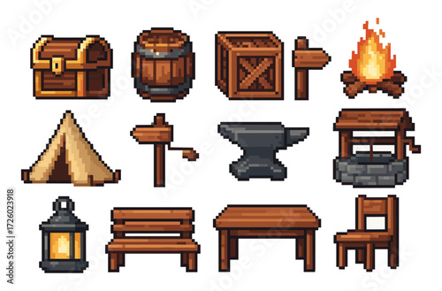 Pixel art medieval items set featuring tools, furniture, and campfire