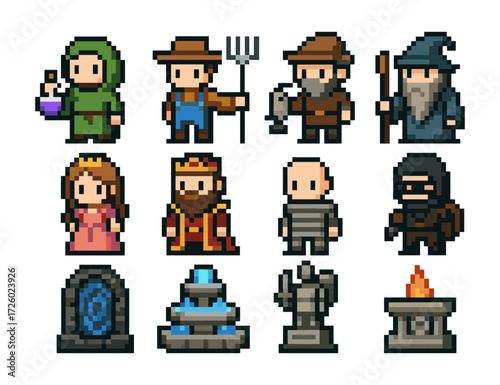 Retro pixel art medieval fantasy characters and objects collection