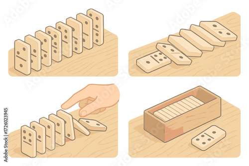 Domino Tiled Sequence. Isometric vector illustration set Tiled game visuals: domino tile line fall, uniform spacing, wood grain