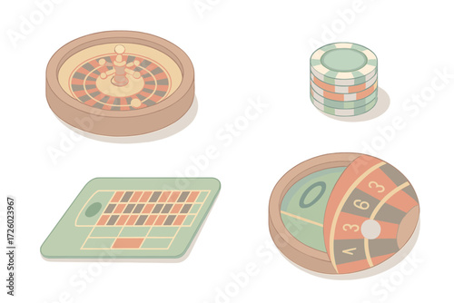 Casino Icons Collection. Isometric vector illustration set Casino gaming icons: roulette wheel ball casino, red-black pockets,