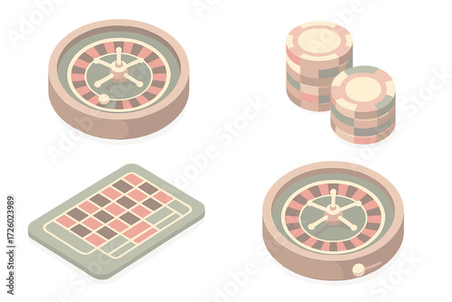 Casino Icons Collection. Isometric vector illustration set Casino gaming icons: roulette wheel ball casino, red-black pockets,