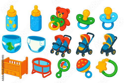 Bold Baby Icons. Isometric vector illustration set baby icons: pastel decorated bottle, solid color bottle, pacifier with plush