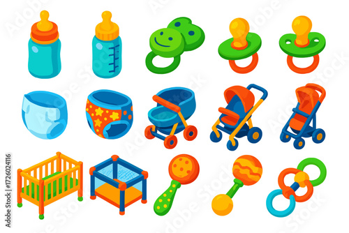 Colorful Baby Essentials Icons. Isometric vector illustration set baby icons: insulated feeding bottle, narrow opening bottle,