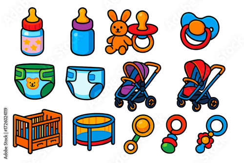 Bold Baby Icons. Isometric vector illustration set baby icons: pastel decorated bottle, solid color bottle, pacifier with plush