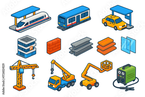 Urban Construction Icons. Isometric vector illustration set modern urban and construction designs: high-speed train station, metro