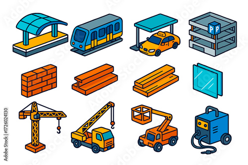 Urban Construction Icons. Isometric vector illustration set modern urban and construction designs: high-speed train station, metro