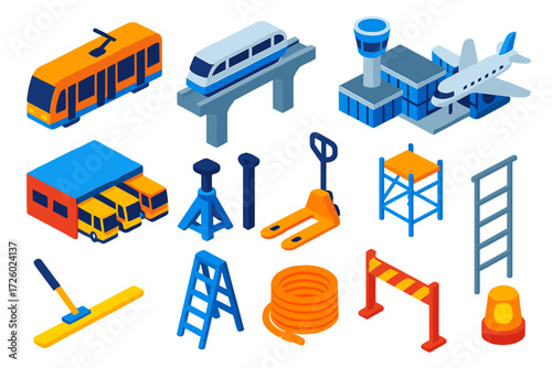 Urban Construction Icons. Isometric vector illustration set modern urban and construction designs: urban tram, elevated monorail,