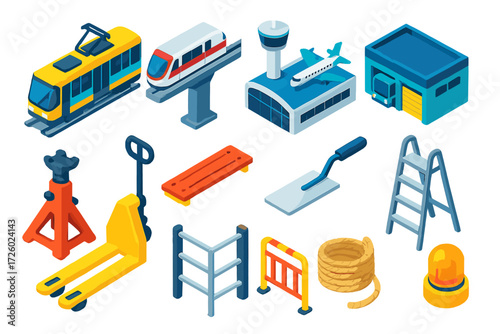 Urban Construction Icons. Isometric vector illustration set modern urban and construction designs: urban tram, elevated monorail,