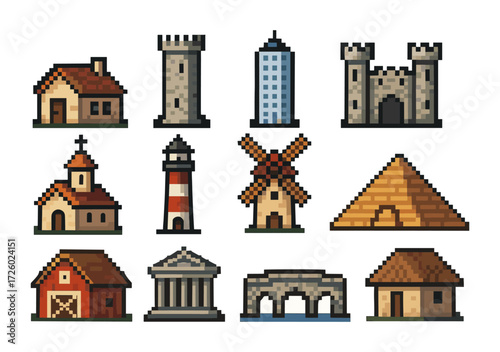Pixel art buildings collection: castles, towers, and traditional structures
