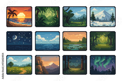 Pixel art nature scenes collection: beaches, forests, mountains, night skies, and auroras