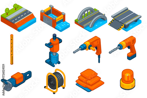 Urban Construction Icons. Isometric vector illustration set modern urban and construction designs: river embankment, floodgate,