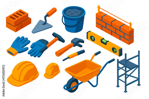 Bricklaying Tool Icons. Isometric vector illustration set Bricklaying Essentials: bricks, trowel, mortar bucket, brick wall, level