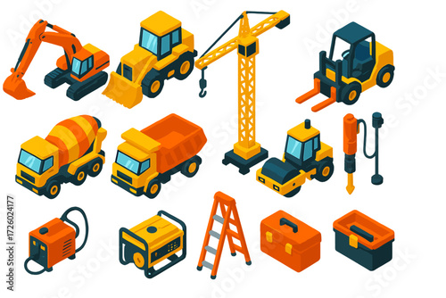 Heavy Construction Equipment. Isometric vector illustration set Heavy Construction Equipment: excavator, bulldozer, crane,