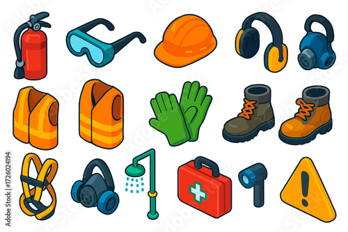 Industrial Safety Icons. Isometric vector illustration set Industrial Safety Icons: fire extinguisher, safety goggles, hard hat,