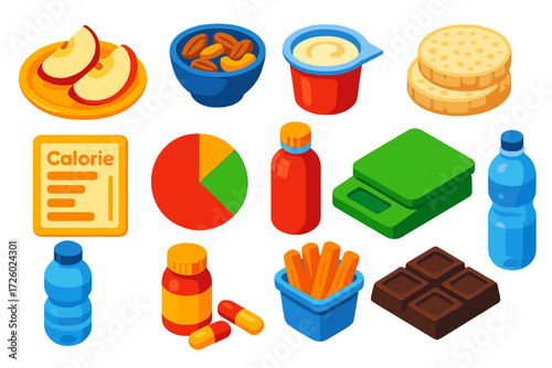 Healthy Snack Icons. Isometric vector illustration set Healthy Snacks: apple slices, nuts bowl, yogurt cup, rice cakes, calorie
