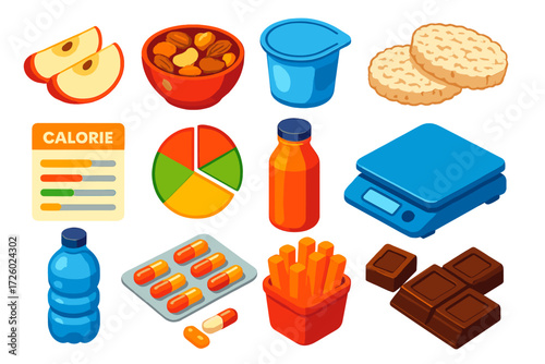 Healthy Snack Icons. Isometric vector illustration set Healthy Snacks: apple slices, nuts bowl, yogurt cup, rice cakes, calorie