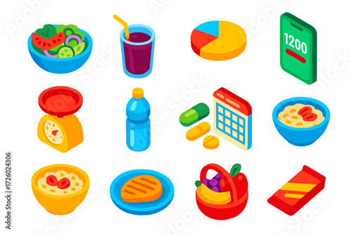Healthy Lifestyle Icons. Isometric vector illustration set Healthy Lifestyle Icons: salad bowl, smoothie glass, macro chart,