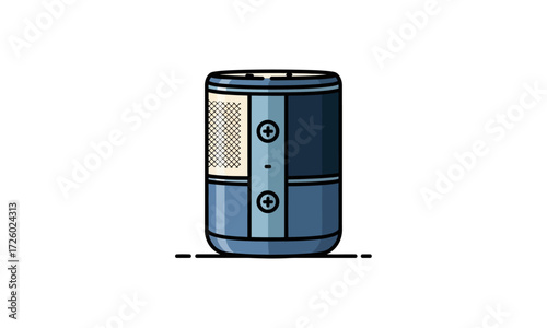 Blue cylindrical portable smart speaker illustration with mesh grille and volume buttons.
