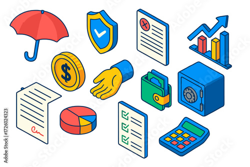 Financial Aid Icons. Isometric vector illustration set Financial Assistance: umbrella, shield, claim form, upward chart, gold coin