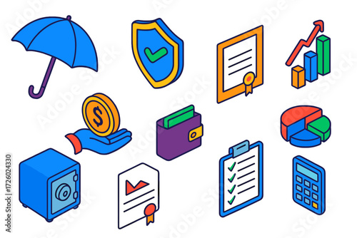 Financial Aid Icons. Isometric vector illustration set Financial Assistance: umbrella, shield, claim form, upward chart, gold coin