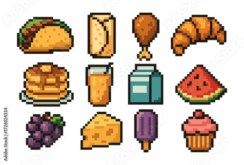 Pixel art food collection featuring various breakfast and snack items