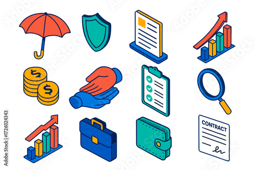 Risk Control Icons. Isometric vector illustration set Risk Control: umbrella, shield, claim document, growth chart, coin pile,