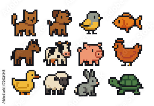 Pixel art farm animals: cute 8-bit domestic creatures collection for games