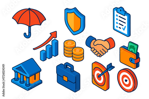 Economic Stability Icons. Isometric vector illustration set Economic Stability: umbrella, shield, claim form, rising graph, coin
