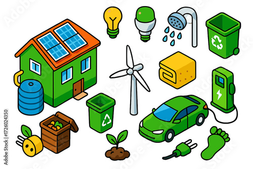 Eco Home Icons. Isometric vector illustration set Eco Home: solar panels on roof, rainwater tank, compost bin, recycling bin, LED