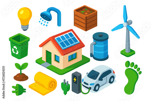 Eco Home Icons. Isometric vector illustration set Eco Home: solar panels on roof, rainwater tank, compost bin, recycling bin, LED