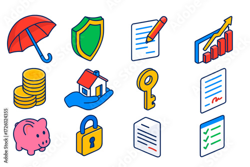 Colorful Home Insurance Icons. Isometric vector illustration set Home Insurance: umbrella, shield, claim document, growth chart,