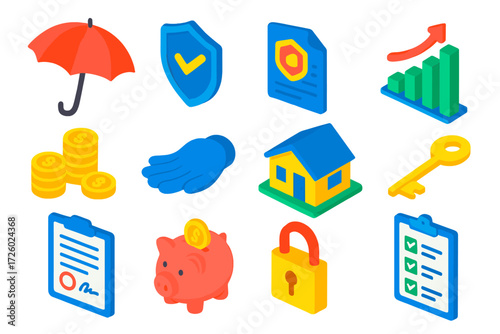 Colorful Home Insurance Icons. Isometric vector illustration set Home Insurance: umbrella, shield, claim document, growth chart,