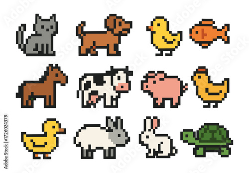 Charming 8-bit farm and pet animals collection for retro game design