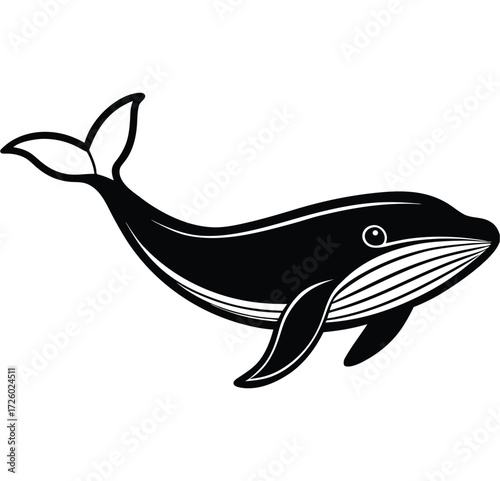 Black and white cartoon whale swimming with fluke up on white background Keywords: whale, marine mammal