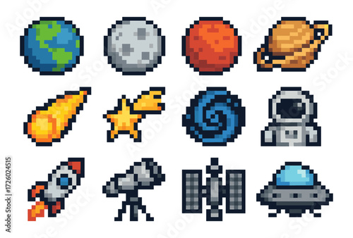 Retro pixel art space icons featuring planets, astronaut, rocket, and telescope