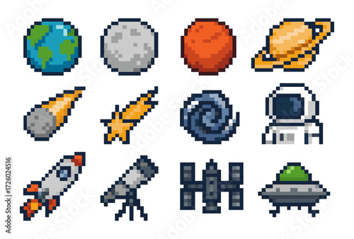 Pixel art space icons: planets, rockets, and astronauts in retro style