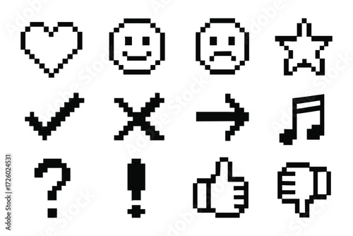Pixel art icons: emoticons, symbols, and signs in 8-bit style
