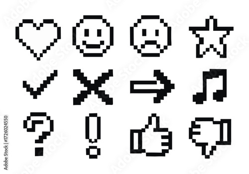 Retro pixel icons set: emoticons, symbols, and signs in black and white