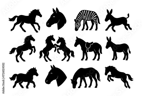 Silhouette animal collection featuring horses, zebras, donkeys in various poses